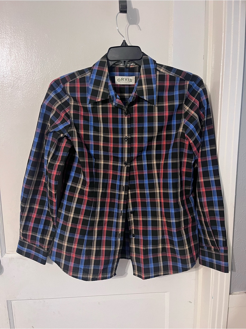 Orvis Black Plaid Button-Down Shirt with Blue and Red Stripes